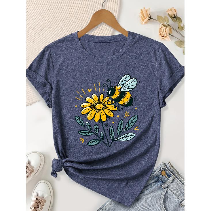 Elegant women's clothing gift with bee and small yellow flower forest green pattern print, round neck, short sleeves for spring, summer, and autumn T