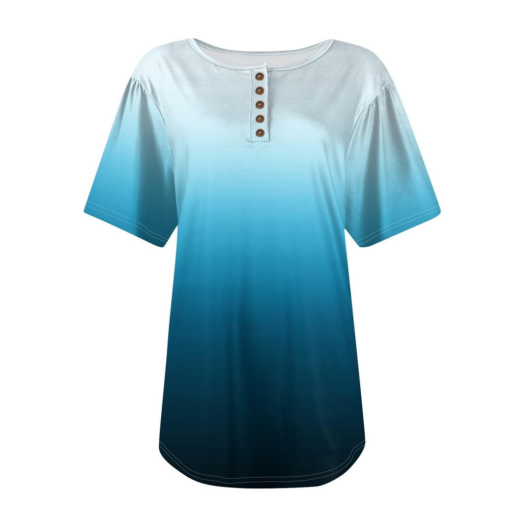 Женский модный повседневный короткий рукав пуловер с принтом на пуговицах и круглым вырезом