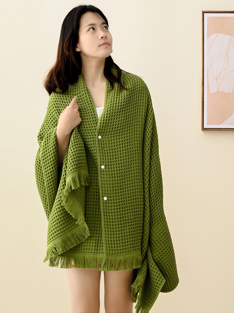 Lusu Pure Cotton Tassel Bath Towel Shawl for Home - Unisex Waffle-Texture Wrap or Nap Blanket