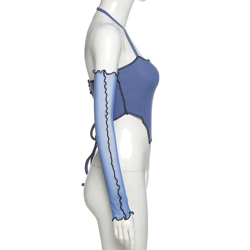 Рубашка в перчатках с длинным рукавом Синие женские футболки Y2k Сексуальные узкие укороченные топы с открытыми плечами на бретельках Летний модный топ Egirl Весна и лето