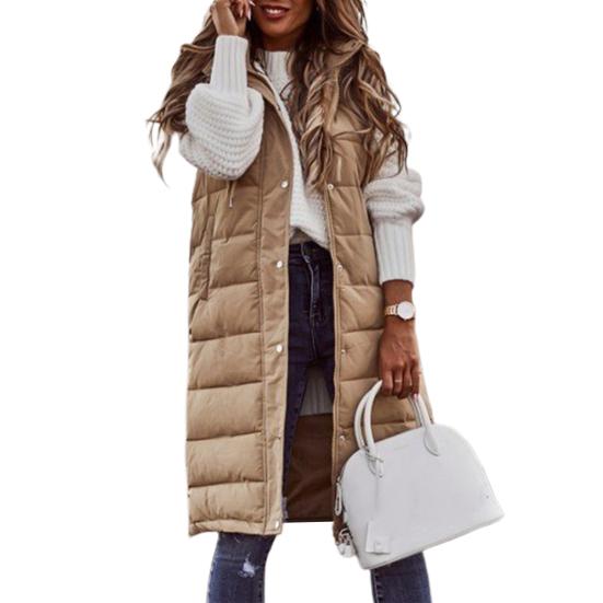 Women Vest Coat Padded Solid Color Sleeveless Hooded Drawstring Single-breasted Mid Length Slim Fit Zipper Hem Pockets