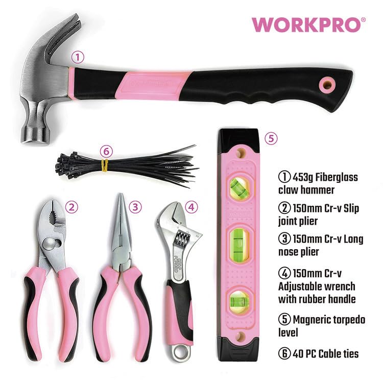 WORKPRO Домашний набор инструментов WP206818 Стартовый набор для DIY со всеми инструментами, которые вам нужны для базового ремонта и обслуживания 103 предмета (розовый) - - задачи.