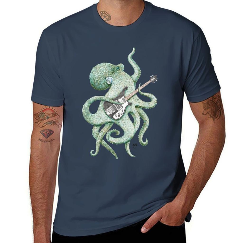 Sup The Bass Playing Octopus (Green On Black) Tshirt Casual Basic Street Style Tshirt