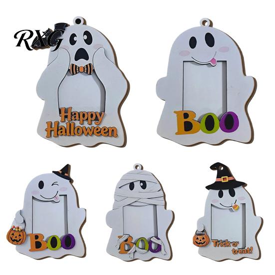 Solid Wood Photo Ornament Halloween Cute Ghost Wooden Frame with Hanging Rope, Creative Family Display Picture for Holiday Party Decor And Home