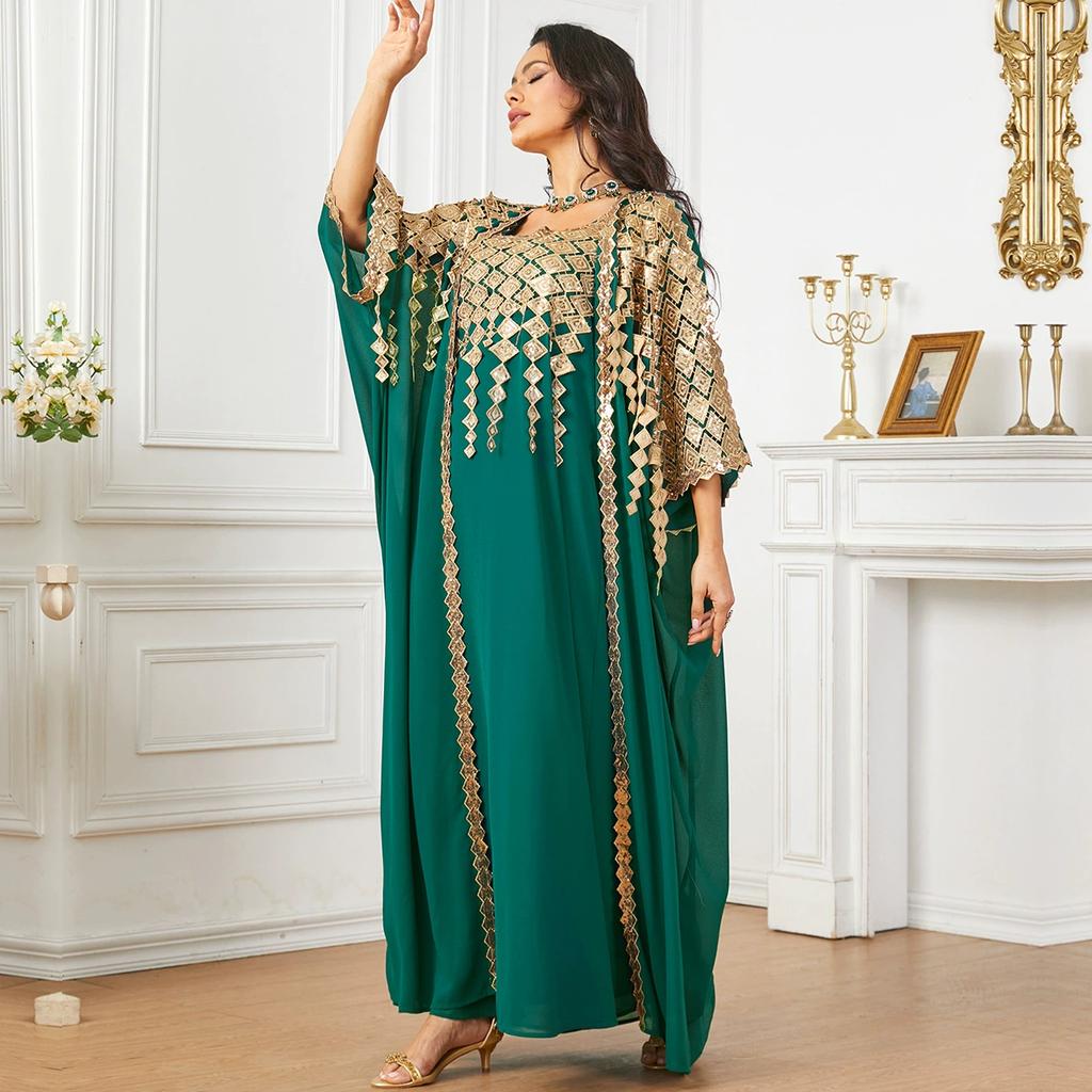 Women Spring Summer Metallic Muslim Robe Loose Two-piece Dress