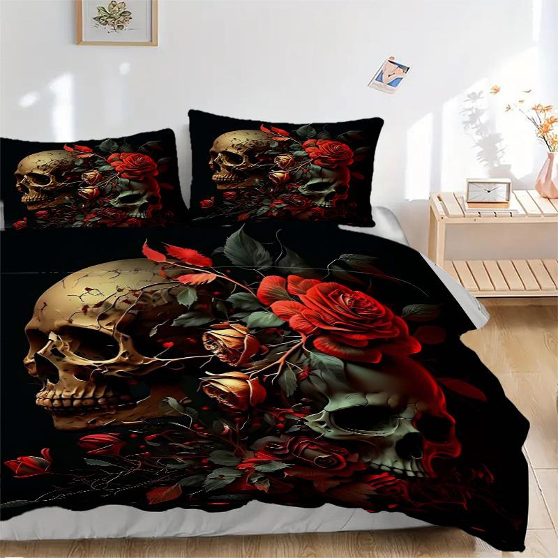 3pcs Skulls in Bloom Bedding Set, Including 1 Quilt Cover and 2 Pillow Shams, Without Filling,