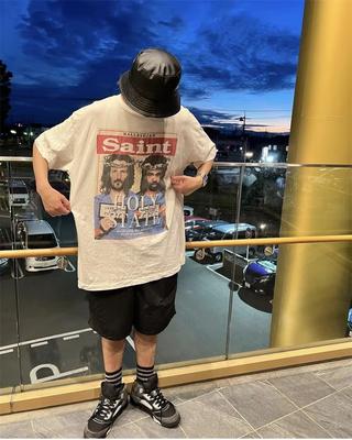 Ретро Топы Портрет Буквенный Баннер Принт Короткий Рукав Хай Стрит Ретро Выстиранный Винтажный Футболка Свободный Японский Уличный Оверсайз