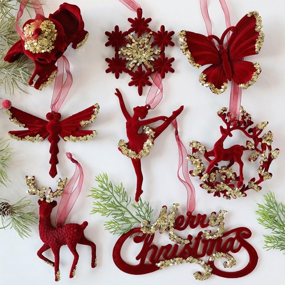 Wine Red Christmas Tree Pendant Glitter Bow Gold Sequin Snowflake Elk Hanging Ornaments Ice Bar Knot Girl Xmas Tree Pendant