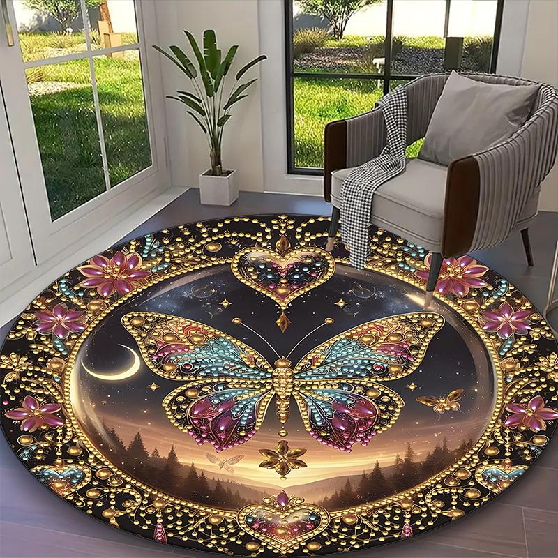 Butterfly Rug Ideal for Reading Room, Multi-purpose Office Chair Sofa Carpet, Anti-slip Printed Home Round Rug
