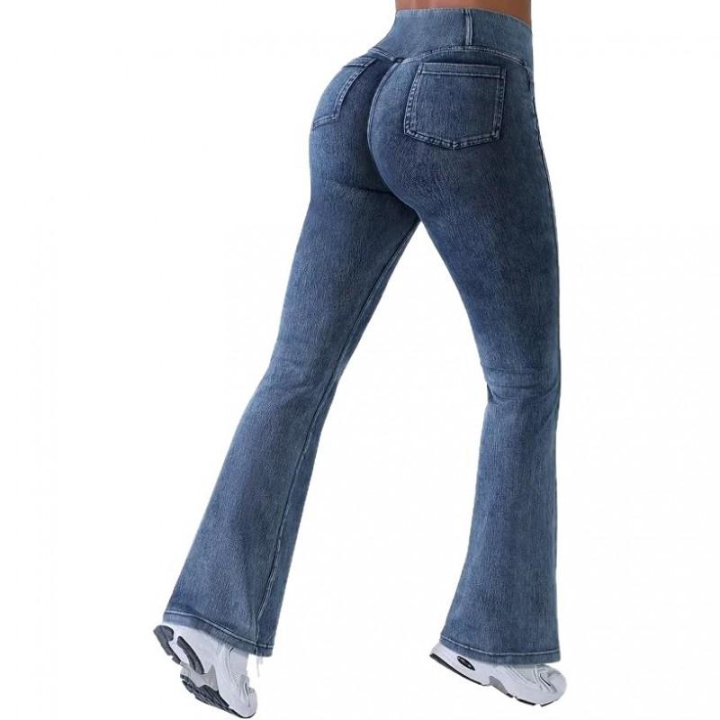 Womens High-Waisted Flared Jeans Vintage Pocket Design Stretch Slim Bootcut Denim Pants