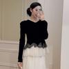 Socialite Lace Ruffle Velvet T-shirt Women's Autumn and Winter New Versatile Top French Style