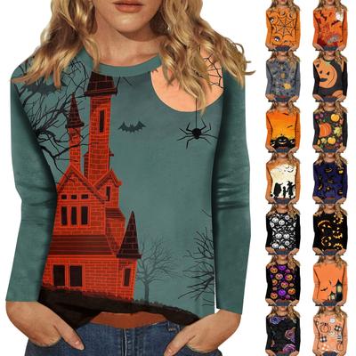 Женский Хэллоуин с принтом, круглым вырезом и длинными рукавами, свободный крой, повседневный топ с длинными рукавами и длинными рукавами