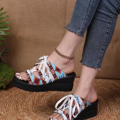 Модная обувь женская 2024 Высокое качество На шнуровке Женские шлепанцы Летний деним Открытый носок Смешанные цвета Повседневные Шлепанцы на платформе и танкетке