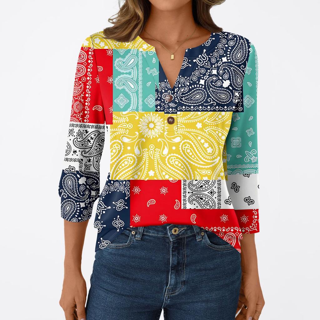 Женская модная повседневная футболка с рукавом 3/4, с принтами, V-образным вырезом и пуговицами