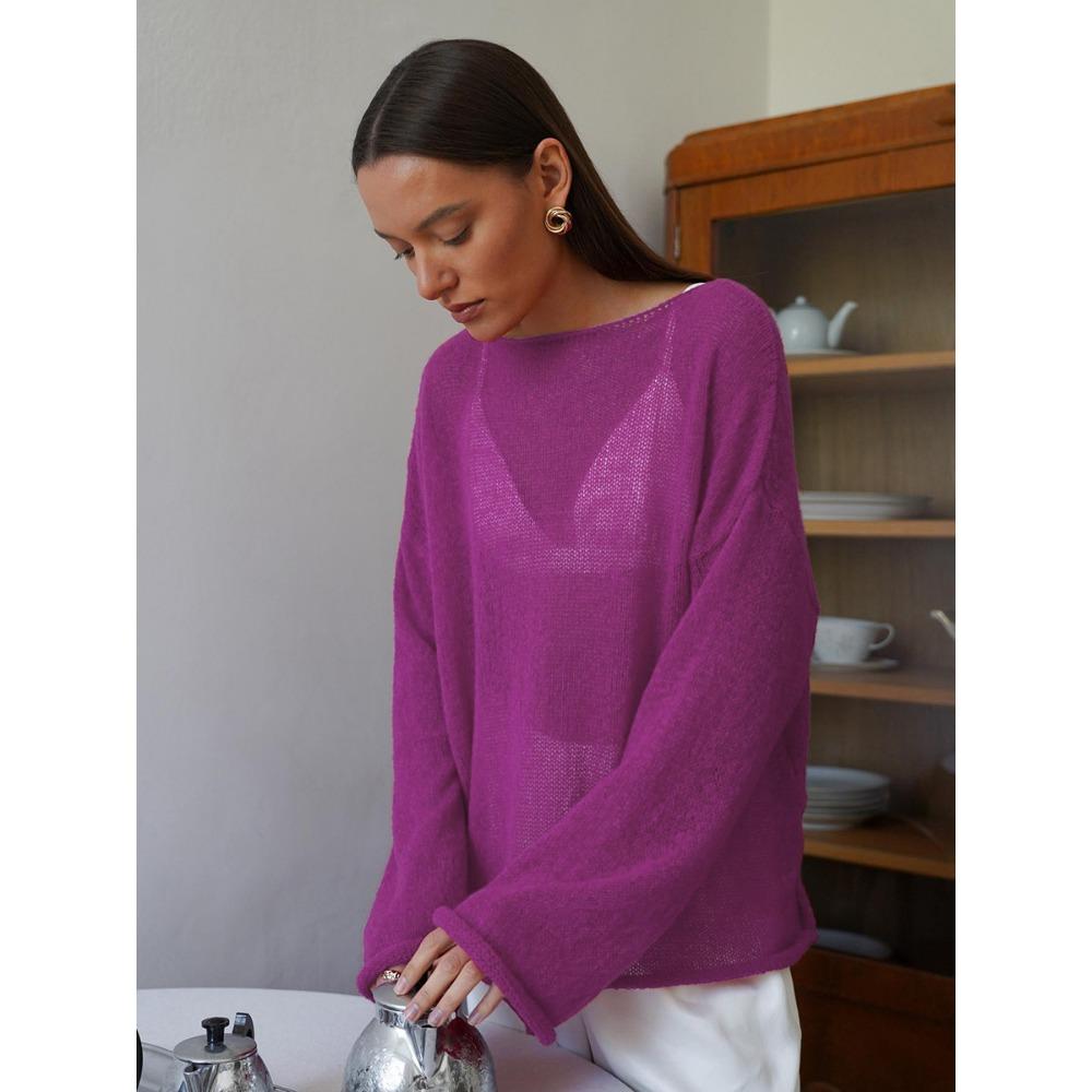 Трансграничная футболка с вырезами Новая женская перспективная тонкая трикотажная футболка с большим круглым вырезом и рукавами-фонариками