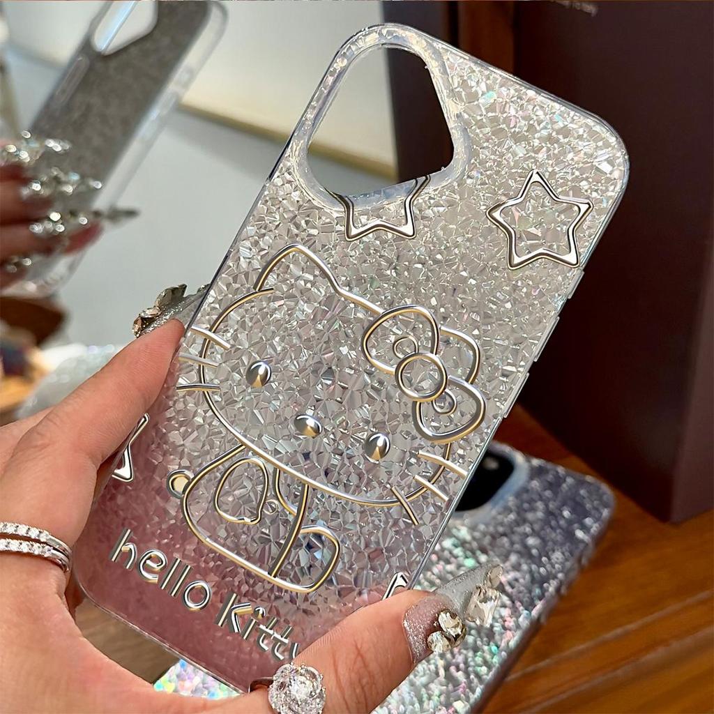 Металлический чехол Hello Kitty для iphone XS Max 17 Pro 11 18 Pro Max 12 XR Air 16 Plus 15 13 14 Серебристый Блеск Трескающийся Фон
