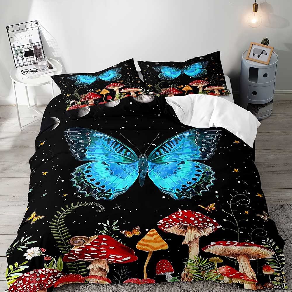 Trippy Mushroom Duvet Cover Set,Hippie Skull Bedding Set,Butterfly Moth Moon Phase Constellation Astrology Botanical Boho Theme