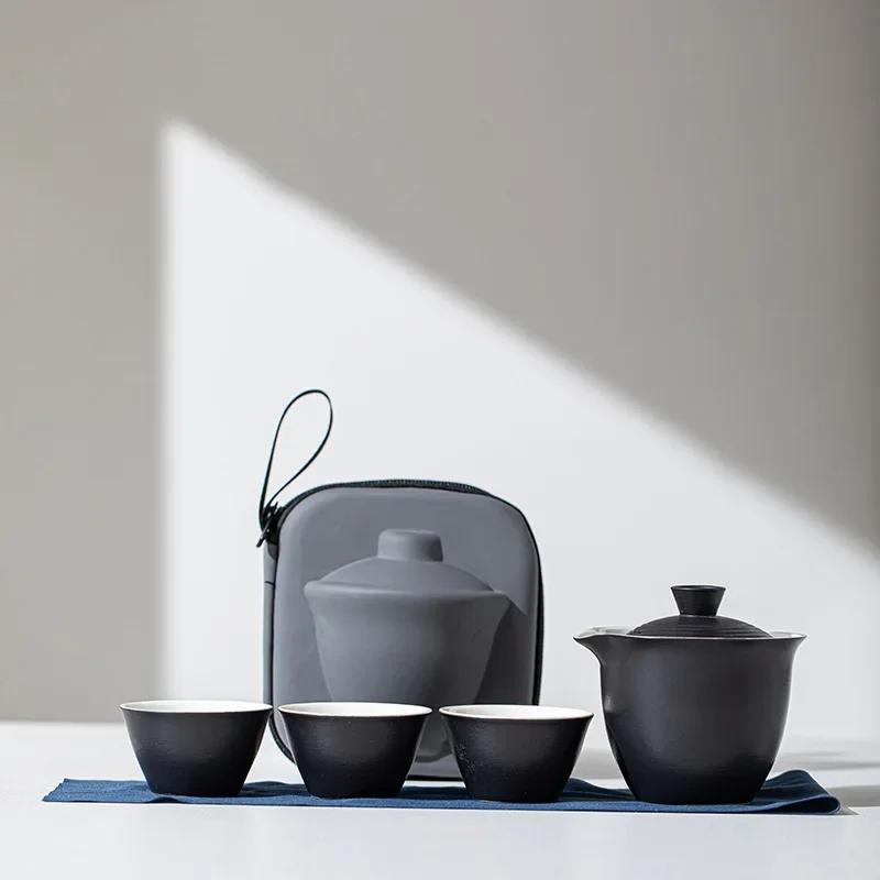 Портативный чайник, чайный набор, дорожный чайный набор, керамическая посуда для кунг-фу, походная переносная сумка, китайский чайный набор, 1 миска, 3 чашки
