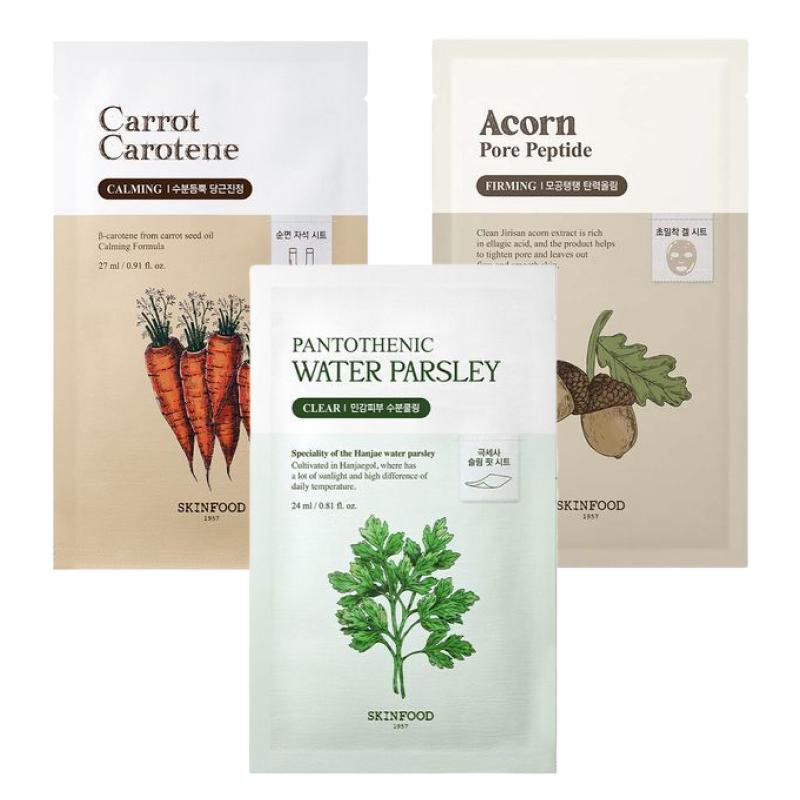 SKINFOOD Mask Sheet 10 Sheets (Carrot Carotene / Acorn Peptide / Water Parsley) Soothing & Vital Care
