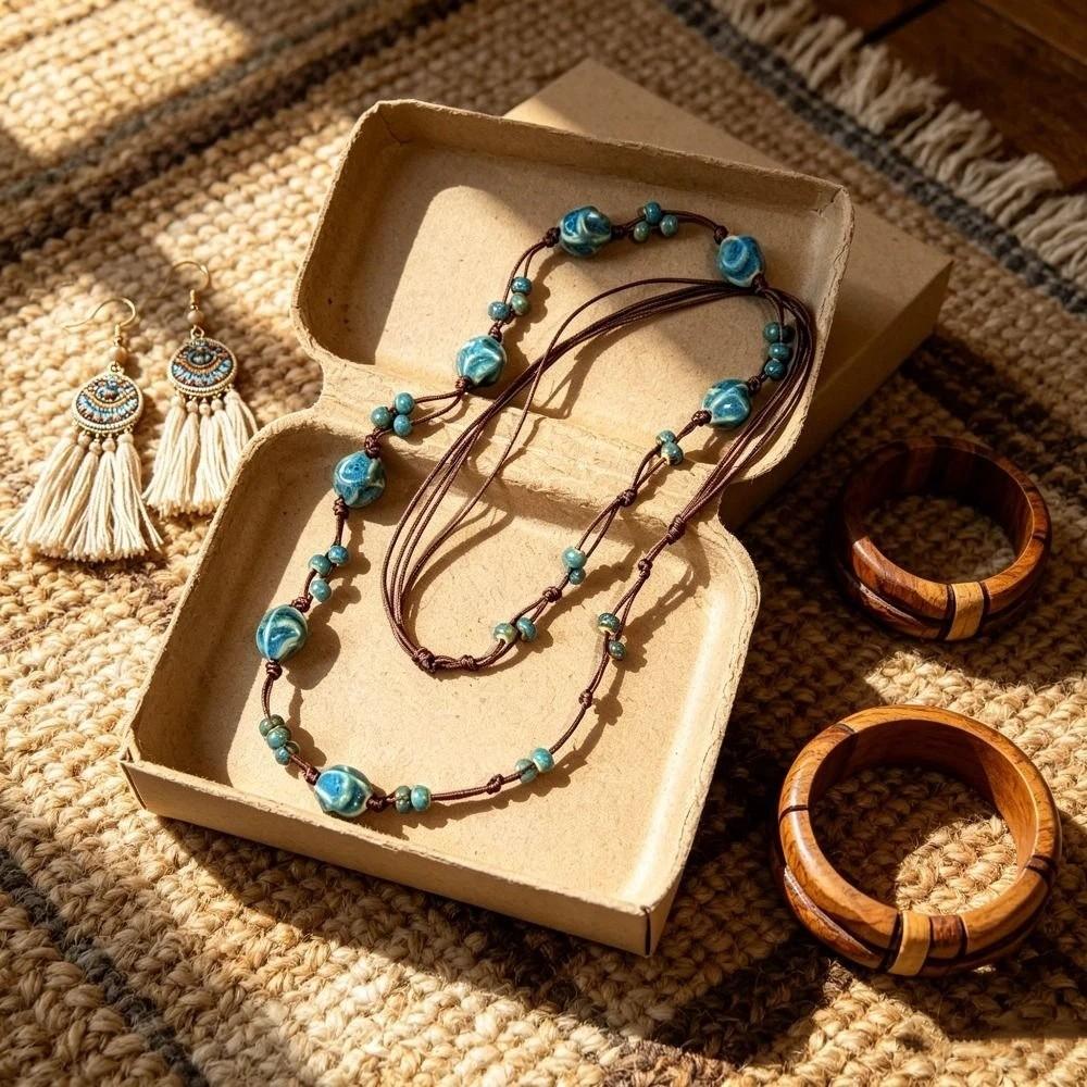 Vintage Long Necklace Ethnic Style Ceramic Chain Temperament Beaded Necklaces Layering