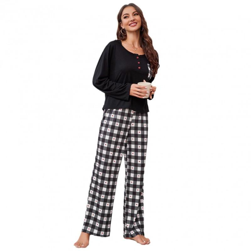 Womens Lightweight Plaid Long Sleeve Pajama Set With Open Front Cardigan Home Sleep Casual Wear