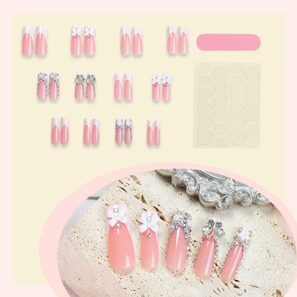 24PCS Nude Pink Long Fake Nails with Bowknot Easy Effortless Application to Nails for Hot Girl Dress Matching