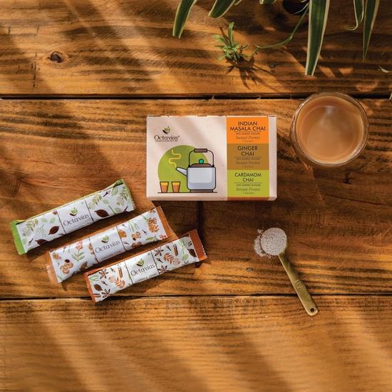 Octavius | NO ADDED SUGAR Assorted 3 in 1 Premix Tea - 15 Pouches | Readymade Tea Mix | Low Sugar | Ready Tea| Tea Premix (8 Gm X 15 Sachets)