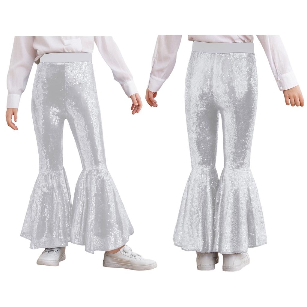 Привлекательные расклешенные танцевальные брюки для девочек: Дизайн с блестящими пайетками по всей длине ноги и эластичным поясом для свободы движений