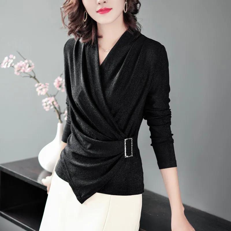 Women's Autumn Temperament Square Dancewear Tops Long-sleeved Cross V-neck Inner Blouse