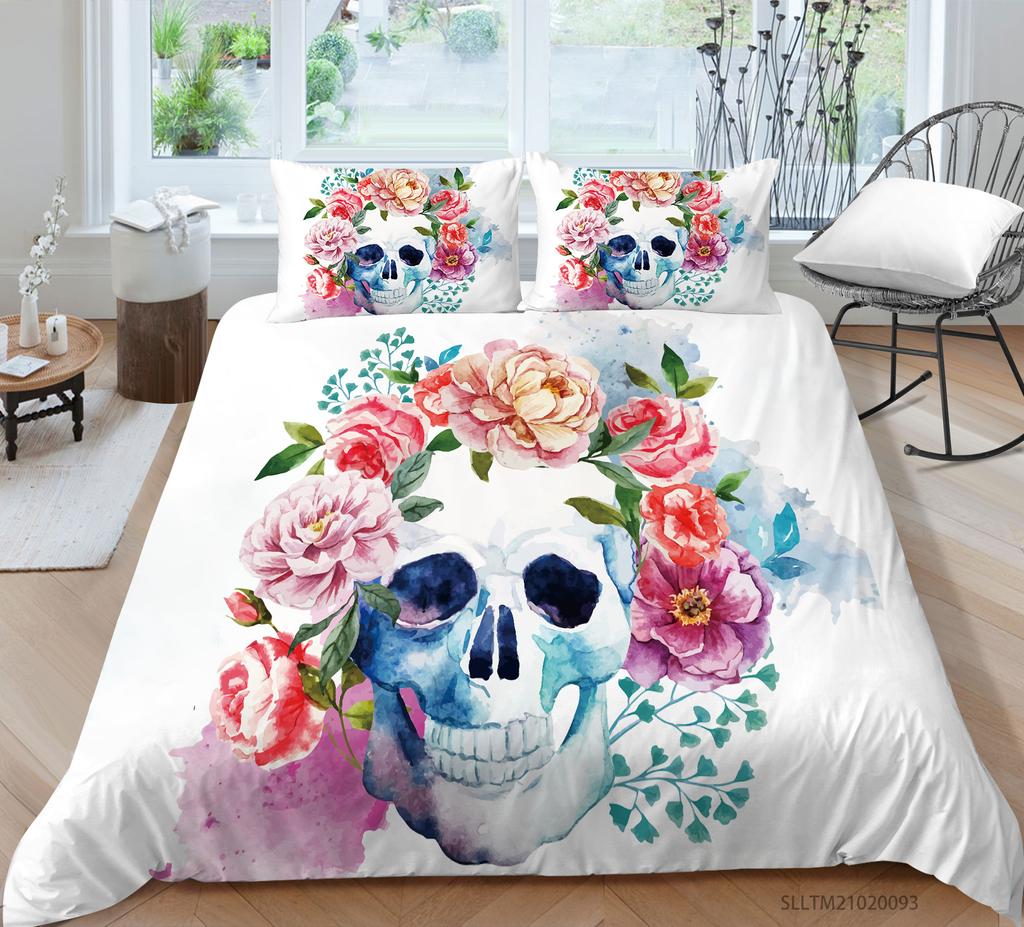 3D Black Skull Head Pattern Bedding Single Double Bed Full Size Special Skull Head Print Pillowcase and Quilt Cover 2 or 3 Comfortable Home Decoration
