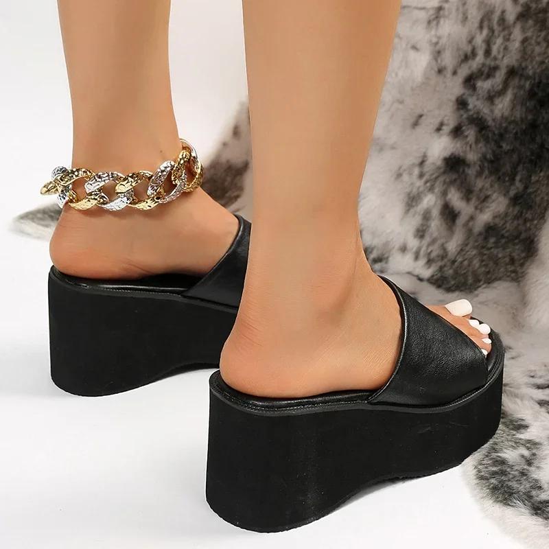 Fashion Rimocy Chunky Platform Sandals Women Fashion Black PU Leather Wedge Slippers for Woman 2025 Summer Thick Bottom Slides Plus Size