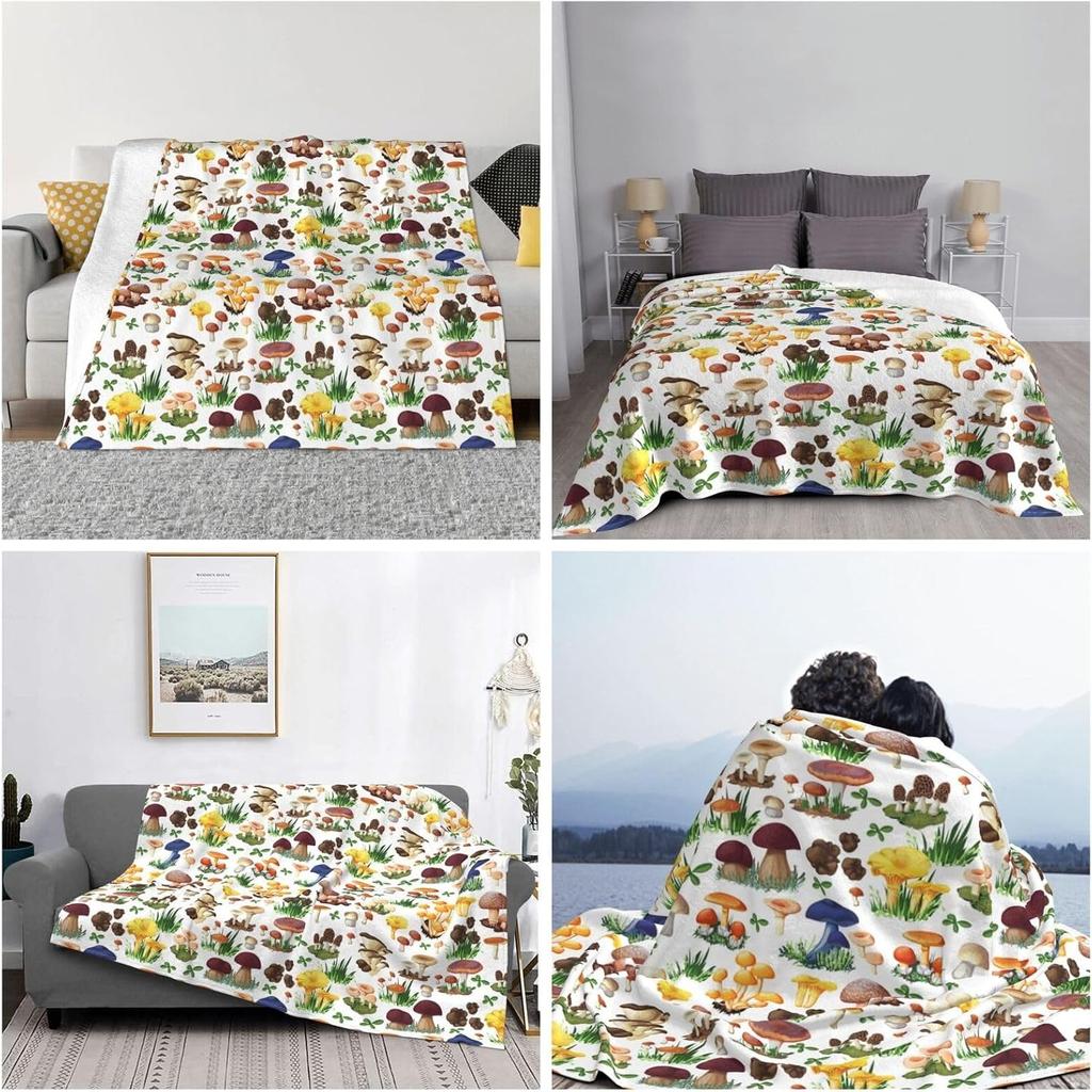 Watercolor Mushroom Print Flannel Blanket Wild Fungi Plant Soft Warm Throw Blanket Sofa Bed Botanical Nature Decor Gift