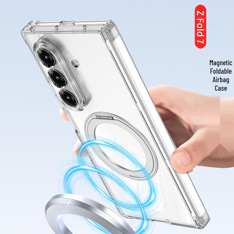 Samsung Z Fold7 Airbag Anti-Fall MagSafe Case with Rotating Ring Stand and Transparent Shell