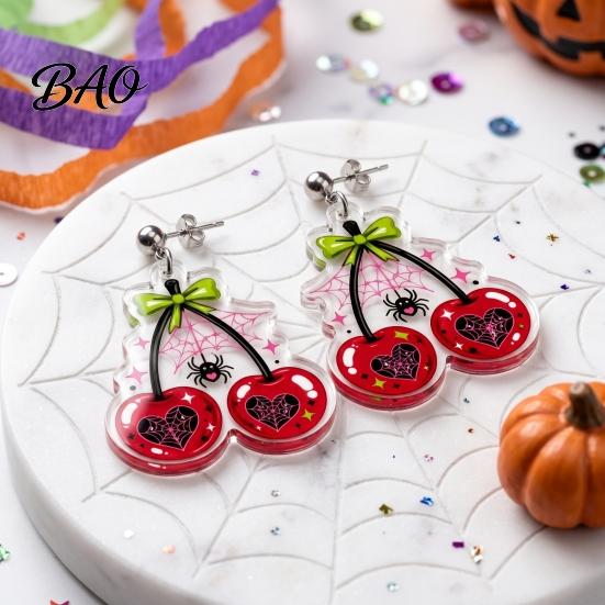 Gift for Girls Friends 1 Pair Acrylic Cherry Earrings Women, 2D Fruit Dangle Drop Spider with Web And Bow, Punk Jewelry Halloween Party Versatile