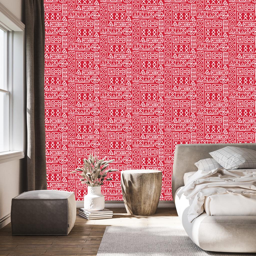 Polynesian Geometric Pattern Wallpaper Coral and Red 50x1000