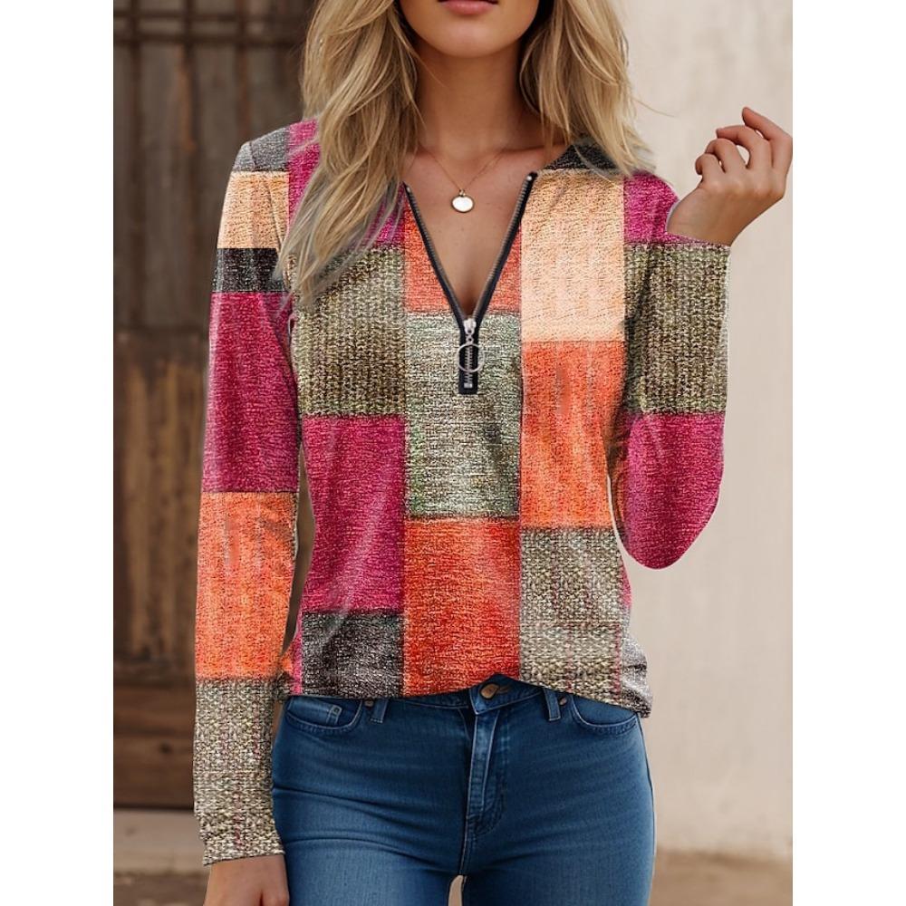 JPNTKY Women's Fashion Casual Autumn Winter Long Sleeve Zip Collar Blouses & Shirts