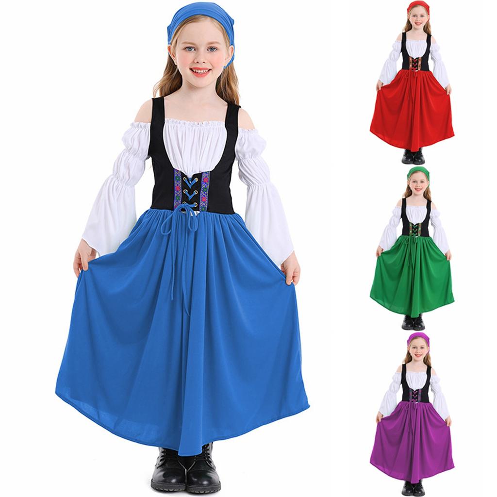 Girl's  Vintage Dress Solid Color Patchwork Cosplay Dresses