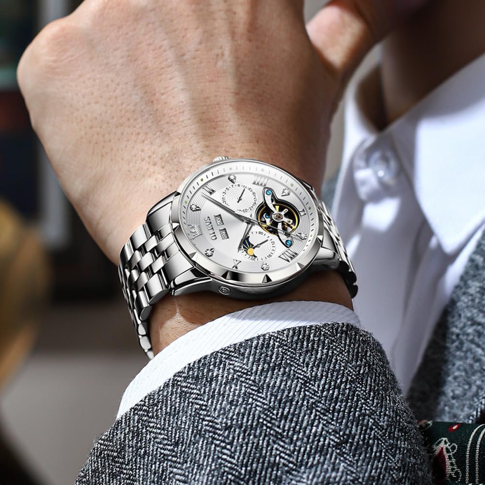 OLEVS Механические автоматические часы с фазами Луны, стильные, водонепроницаемые, популярные, светящиеся, мужские, белые