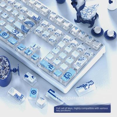 Набор колпачков клавиш из PBT с градиентом синего и белого фарфора с прозрачными кристальными световыми эффектами для механических клавиатур (61/87/108 ключей)