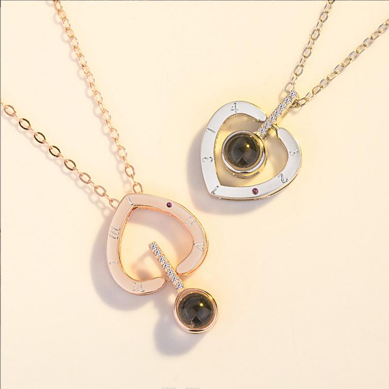 Heart Shaped Necklace 925 Sterling Silver Nano Micro Carved Projection Heart Pendant Rose Gold 100 Languages Necklace