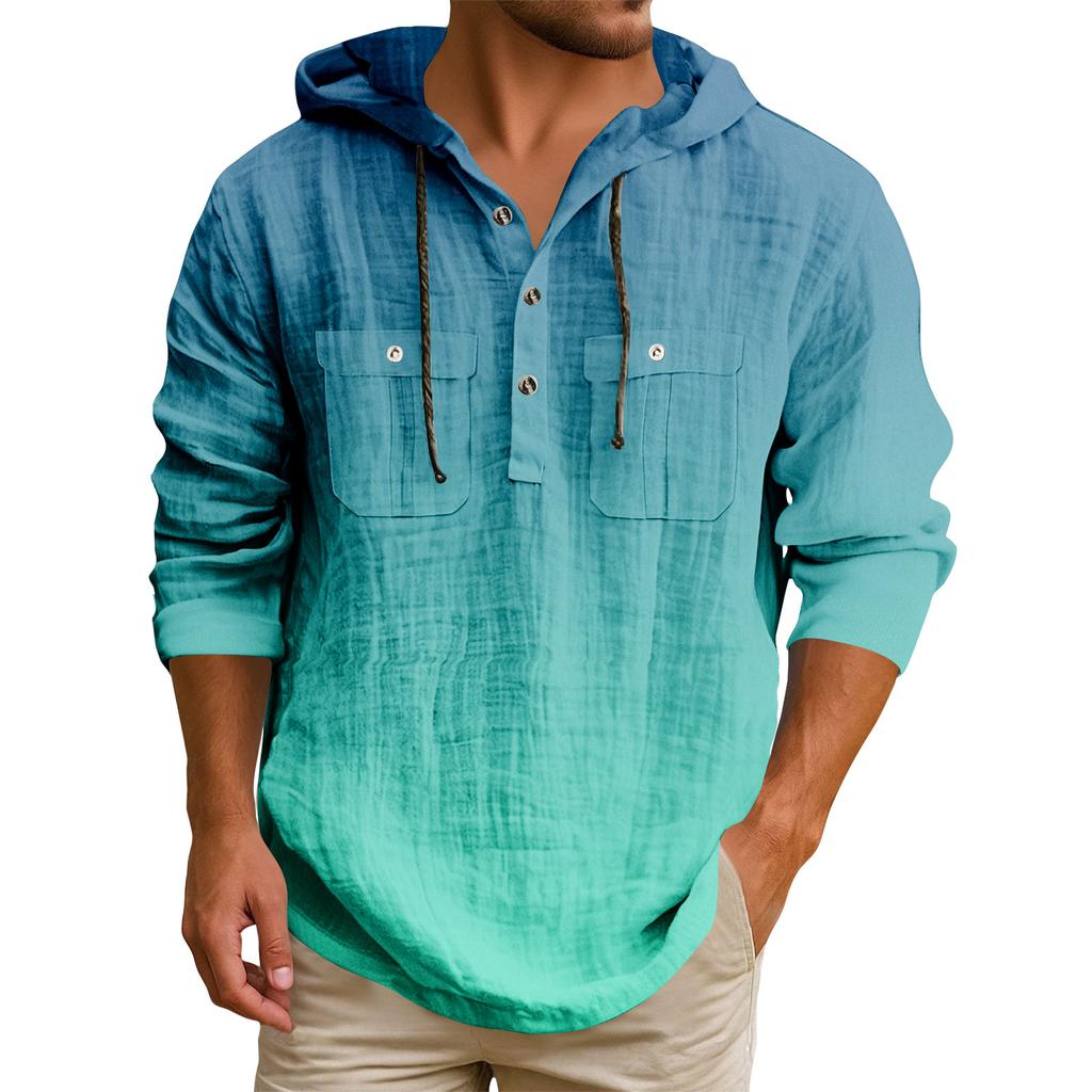 Men's Hooded T-shirt Gradient Color Cotton And Linen Men's Casual Long-sleeved Top