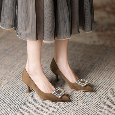 8-Страз квадратная пряжка туфли-лодочки на высоком каблуке женские осенние новые остроносые шпильки замшевые туфли на высоком каблуке