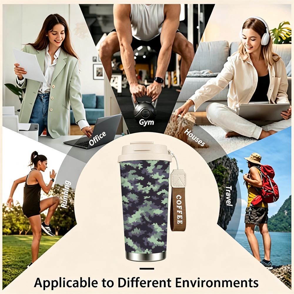 Green Digital Camouflage Pattern Stainless Steel Insulated Coffee Tumbler Reusable Thermal Cup,Portable Vacuum Mug for Outdoor Travel