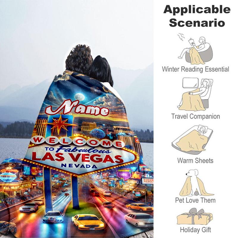 1PC Custom Name Welcome Las Vegas outdooor Flannel blankets Throw Blanket All-Season Throw Gift Bedspread for Couch, Bed, Camping Holiday Birthday gif