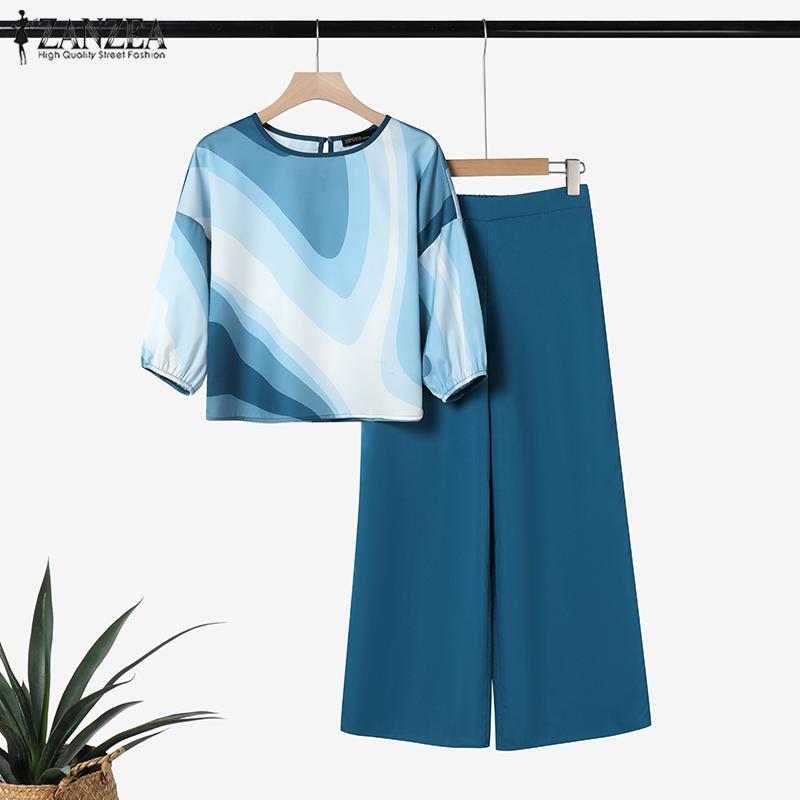 ZANZEA Женские повседневные комплекты из блузки и брюк с принтом из двух предметов