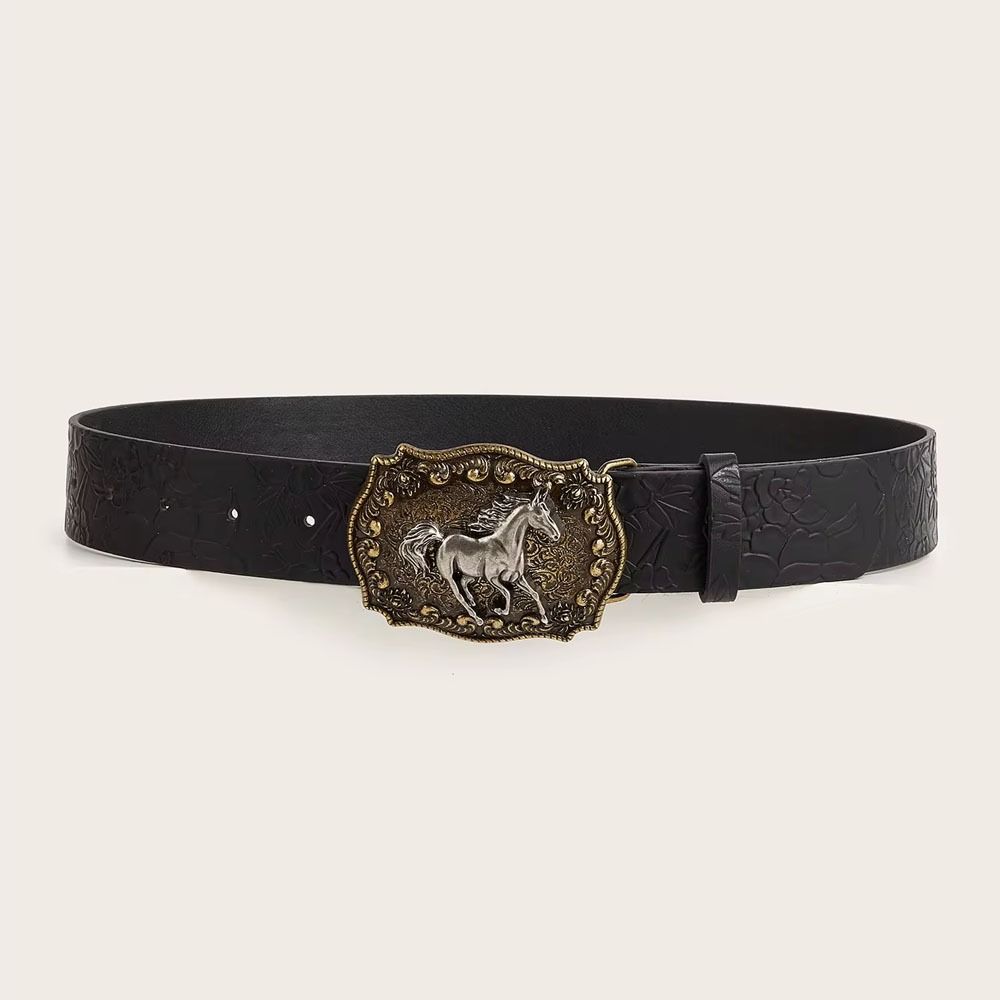 Harajuku Punk Rock Belt Hip Hop Horse Head Buckle Belt Women Man Leather Embossed Belt