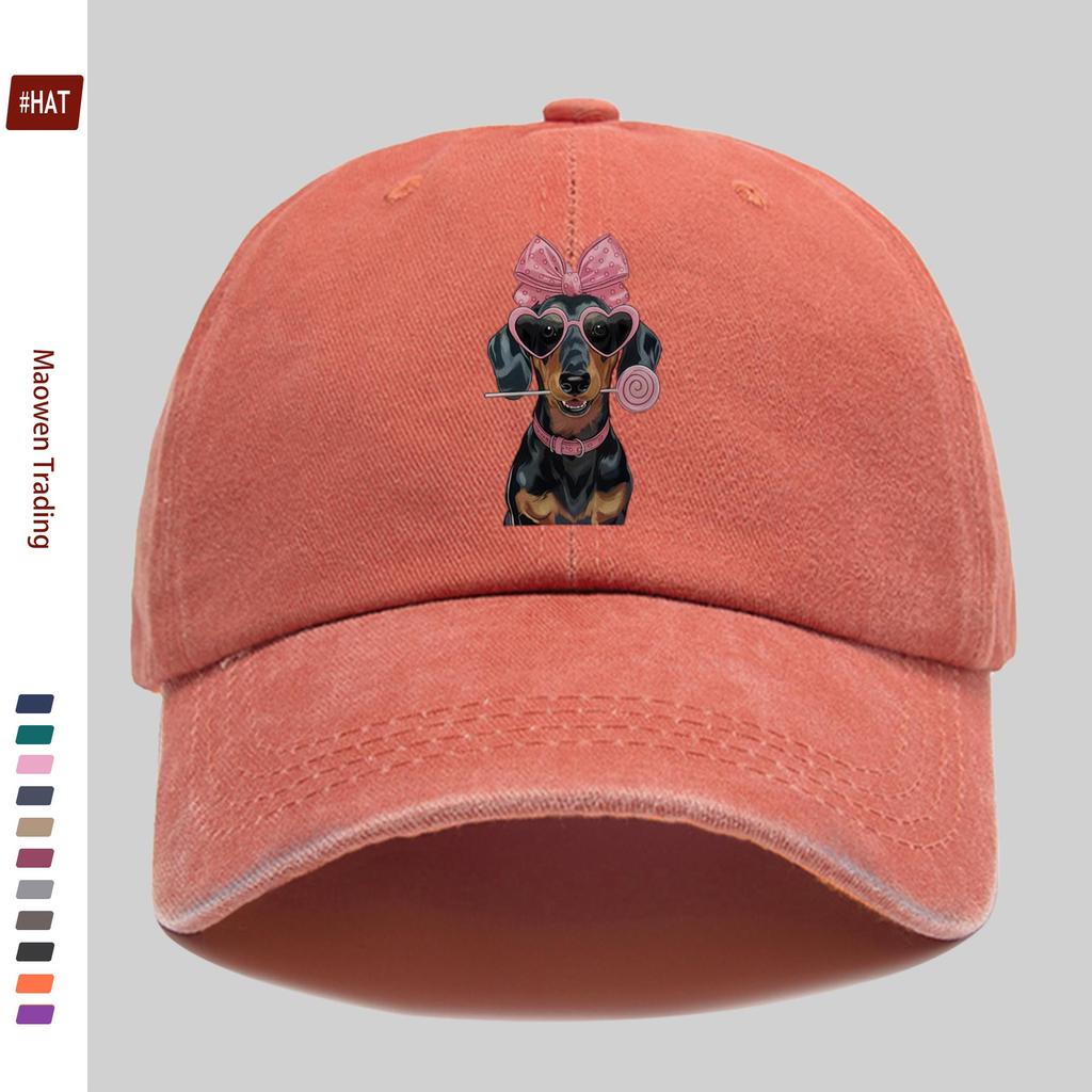 pc Cute Dachshund Pattern Printed Baseball Cap with Pink Bow Design Sun Hat Comfortable Lightweight Trucker Style Decor Hat A