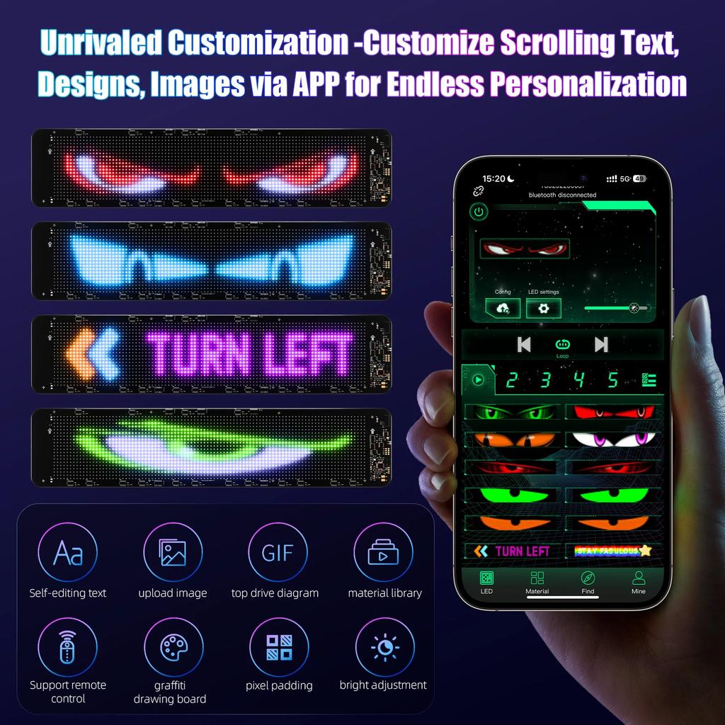 RGB LED Car Sign Animation LED Matrix Pixel Panel DIY Programmable Bluetooth-compatible App Control LED Flexible Display Light