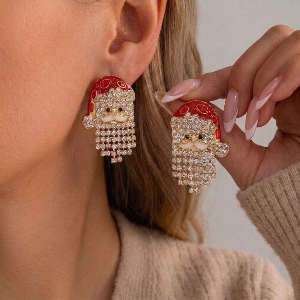 Pearl Adorned Christmas Earrings Rhinestone Decorated Cartoon Dangle Earrings Xmas Gifts