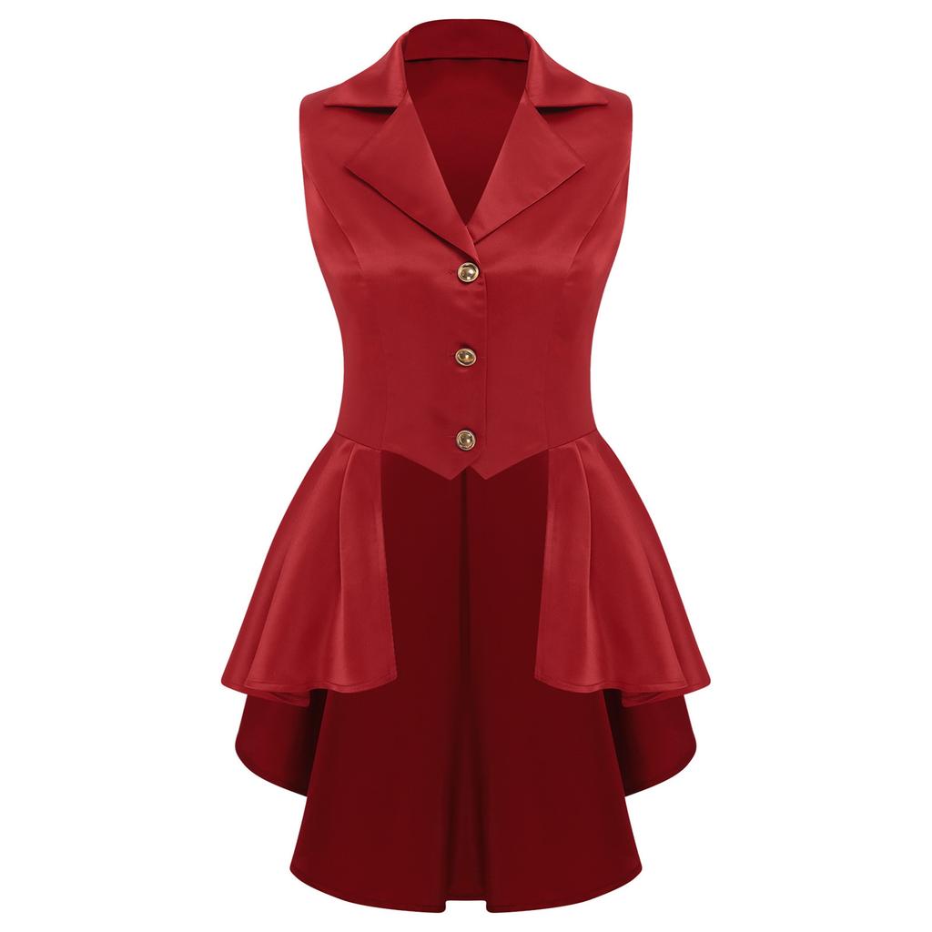 Женский жилет в викторианском стиле с отложным воротником, без рукавов, на пуговицах спереди, с асимметричным низом с оборками, куртка-топ